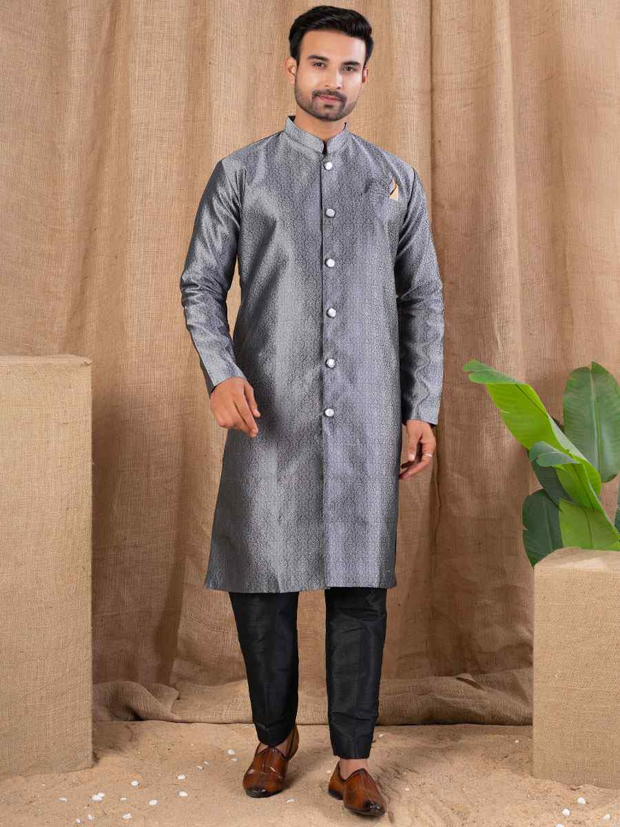 Grey Jacquard Embroidery Festival Wedding Party Mens Kurta