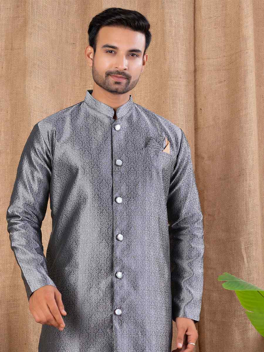 Grey Jacquard Embroidery Festival Wedding Party Mens Kurta