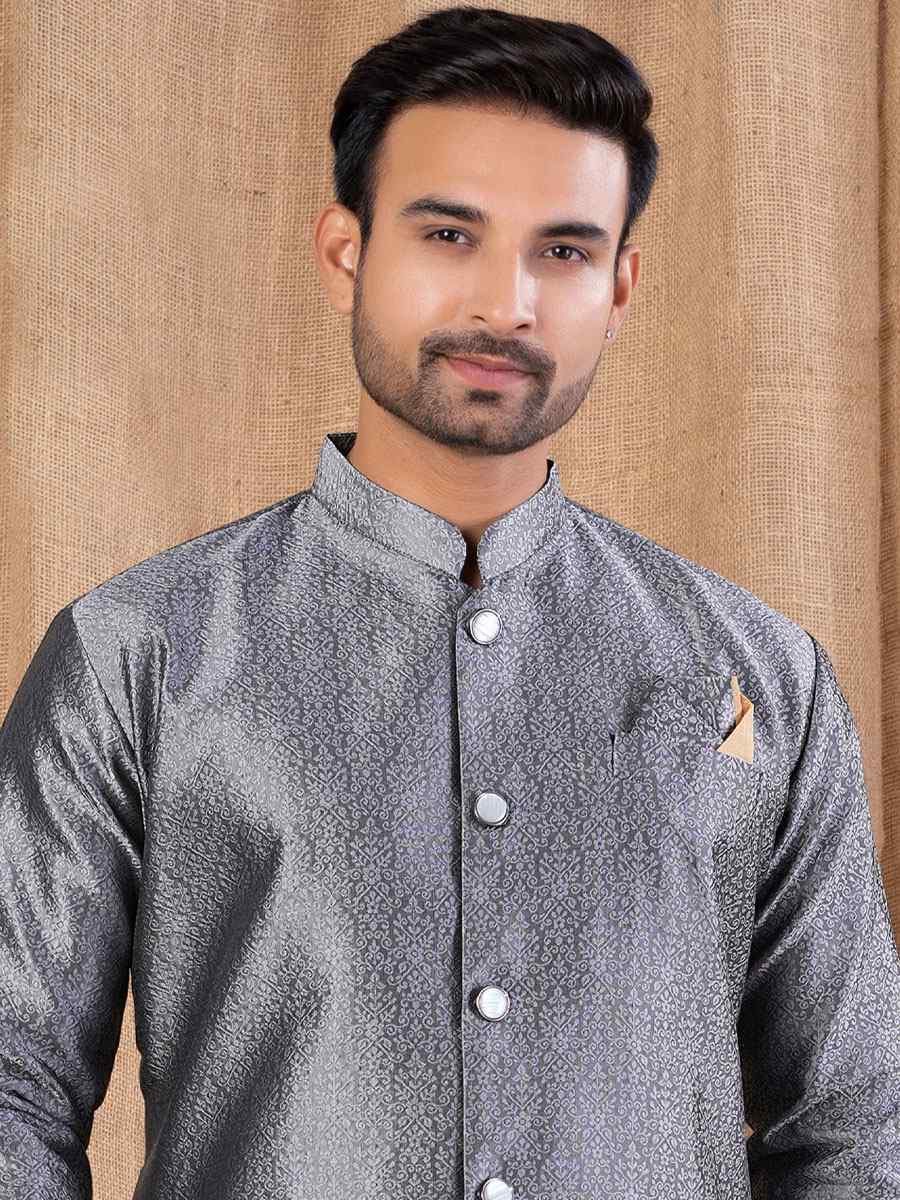 Grey Jacquard Embroidery Festival Wedding Party Mens Kurta