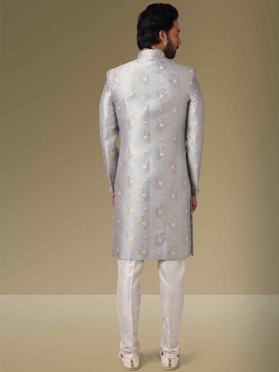 Grey Jacquard Silk Brocade Embroidered Party Aligadhi Pant Kurta