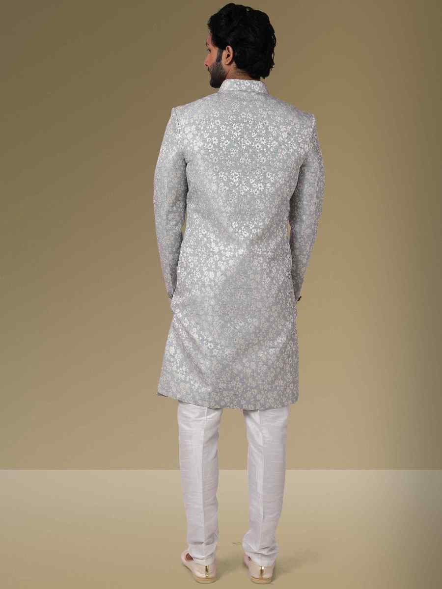 Grey Jacquard Silk Brocade Embroidered Party Aligadhi Pant Kurta