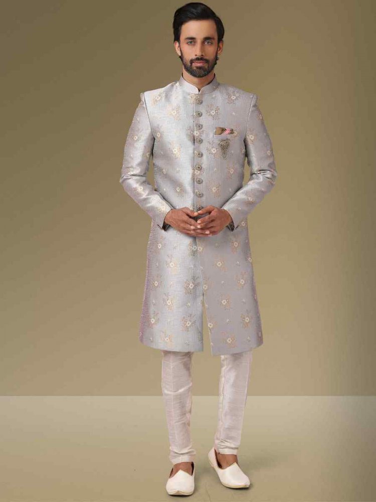 Grey Jacquard Silk Brocade Embroidered Party Aligadhi Pant Kurta