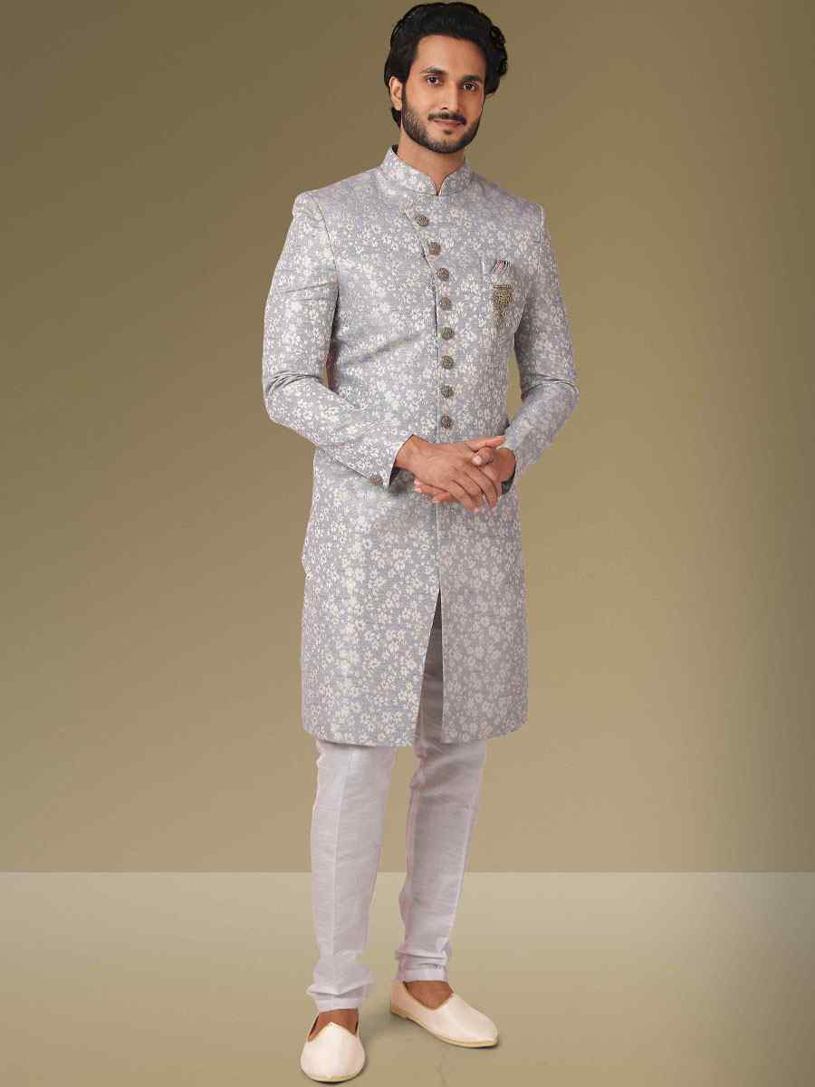 Grey Jacquard Silk Brocade Embroidered Party Aligadhi Pant Kurta