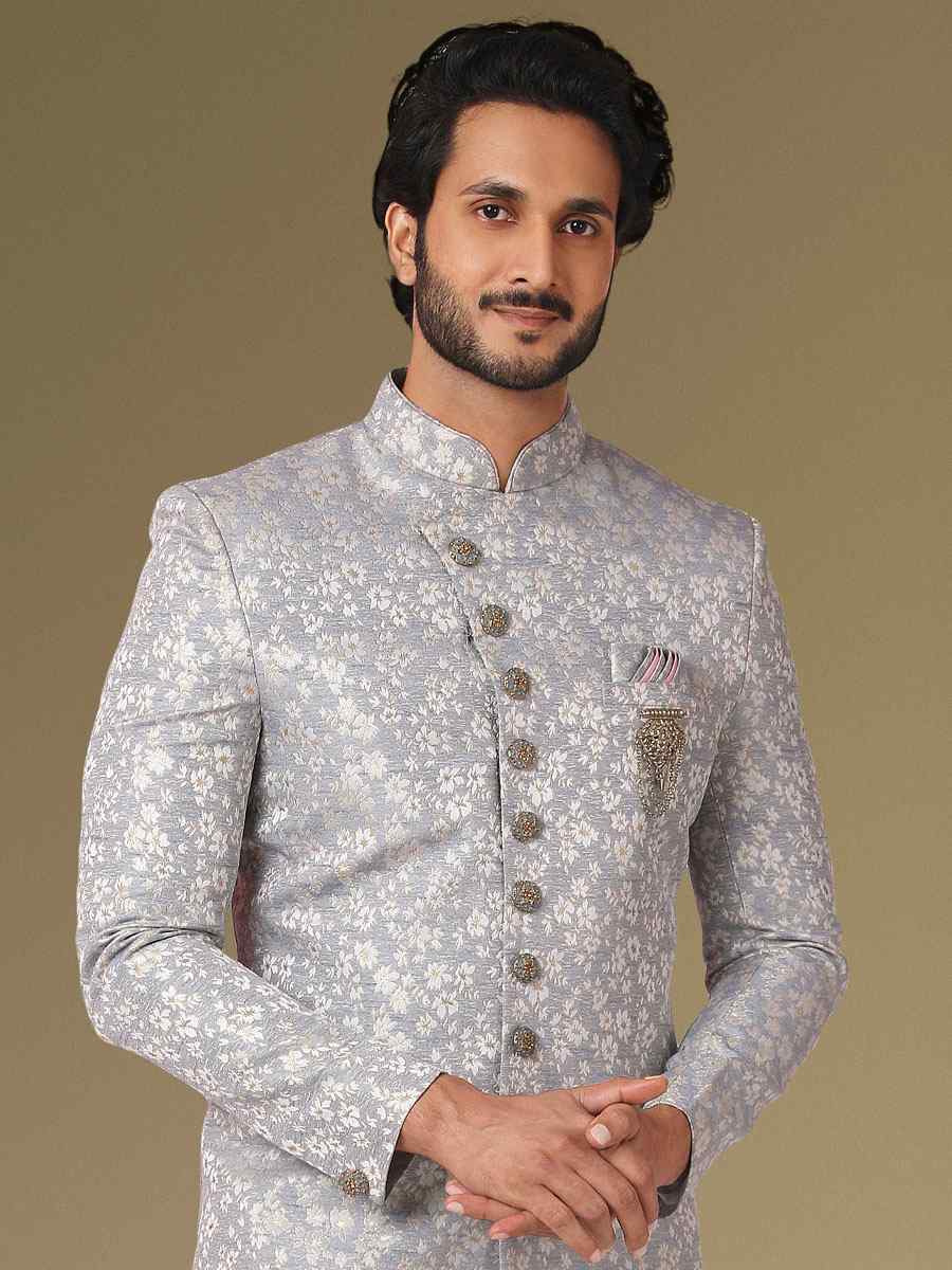 Grey Jacquard Silk Brocade Embroidered Party Aligadhi Pant Kurta