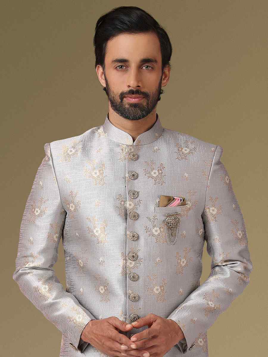 Grey Jacquard Silk Brocade Embroidered Party Aligadhi Pant Kurta