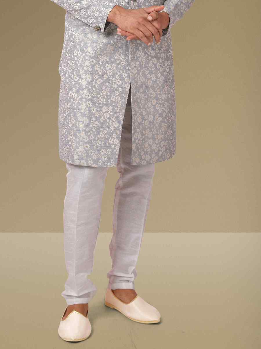 Grey Jacquard Silk Brocade Embroidered Party Aligadhi Pant Kurta