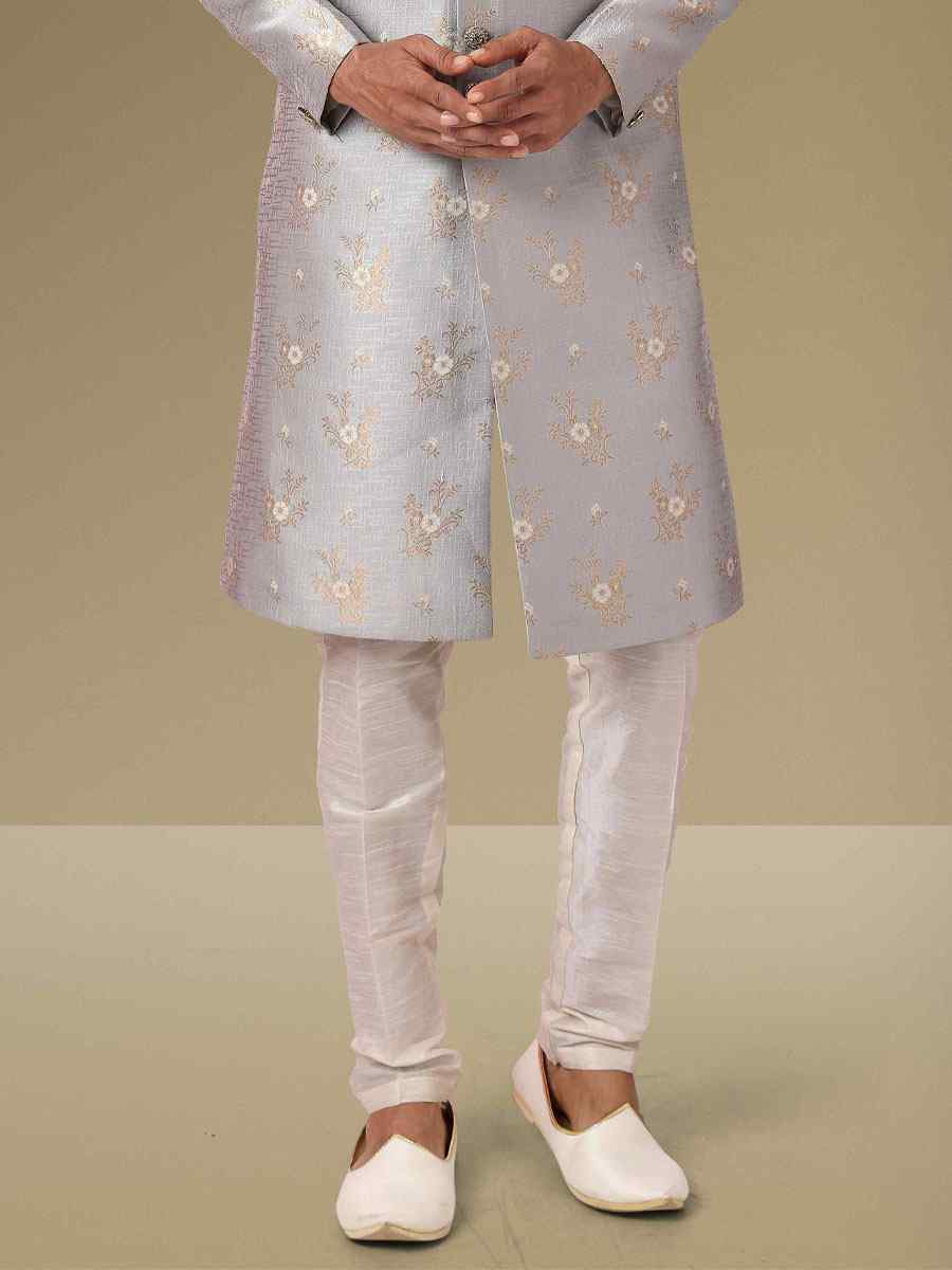 Grey Jacquard Silk Brocade Embroidered Party Aligadhi Pant Kurta