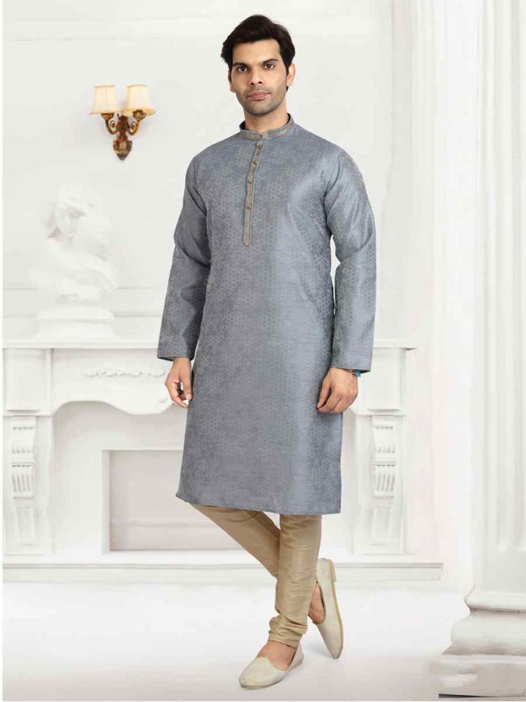 Grey Jacquard Silk Brocade Woven Plain Wedding Party Kurta