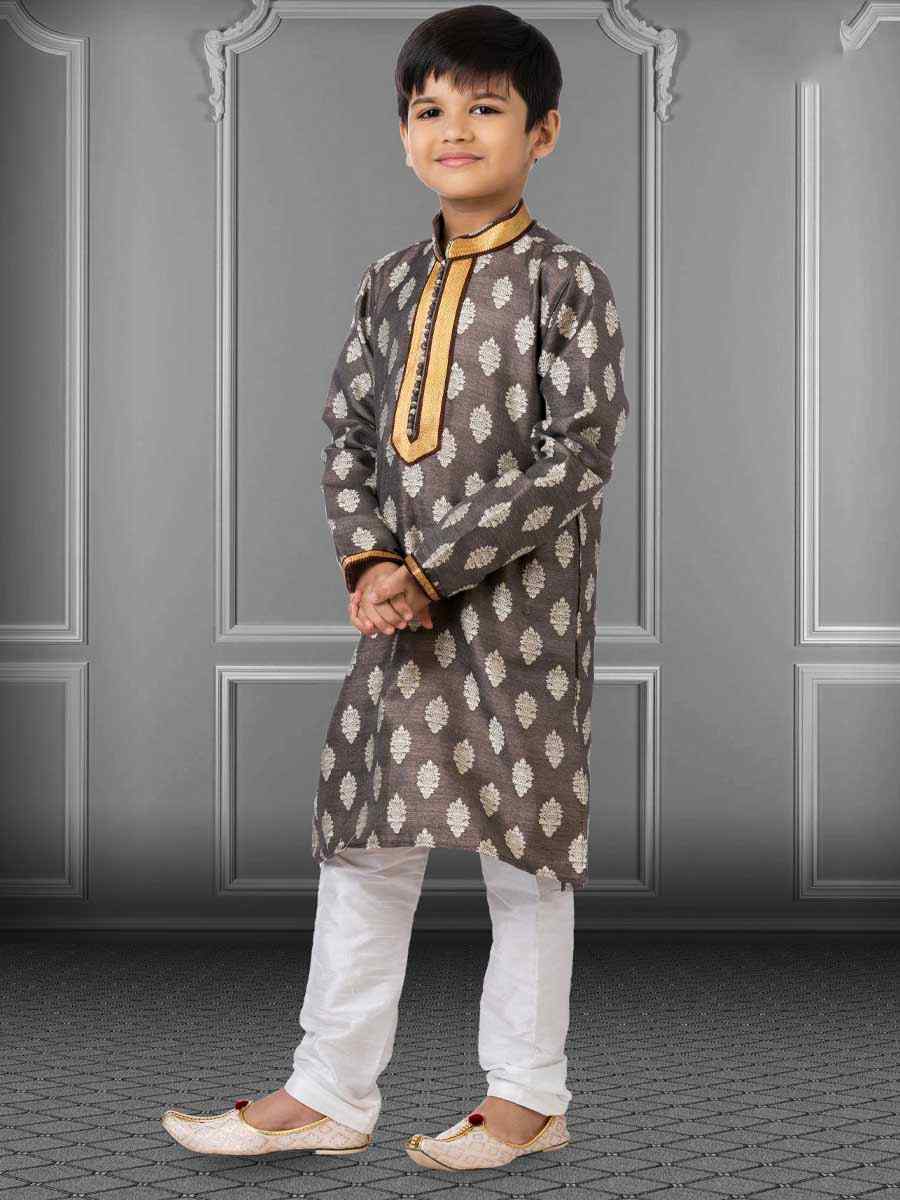 Grey Jacquard Silk Embroidered Festival Kurta Pyjama Boys Wear