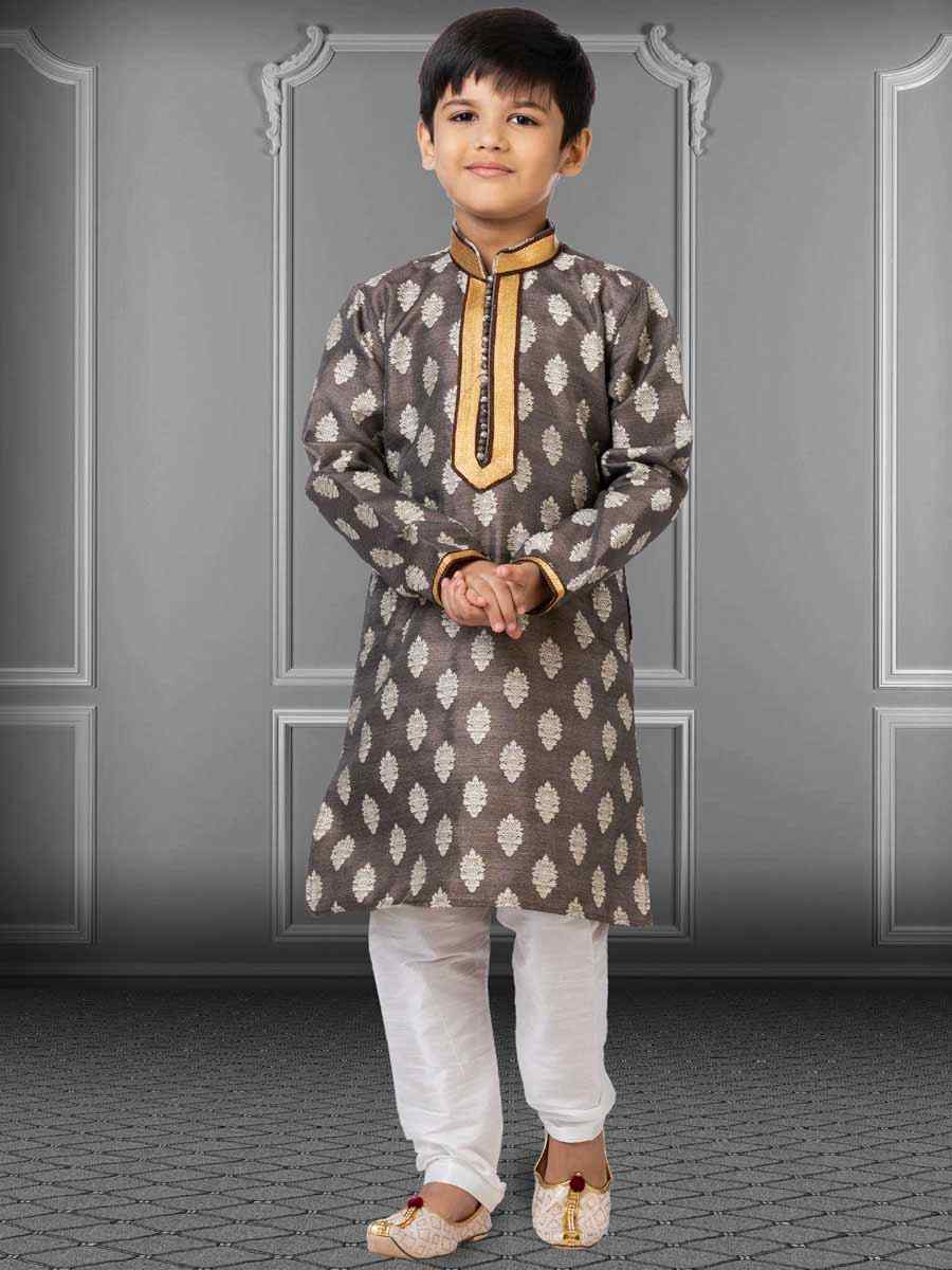 Grey Jacquard Silk Embroidered Festival Kurta Pyjama Boys Wear