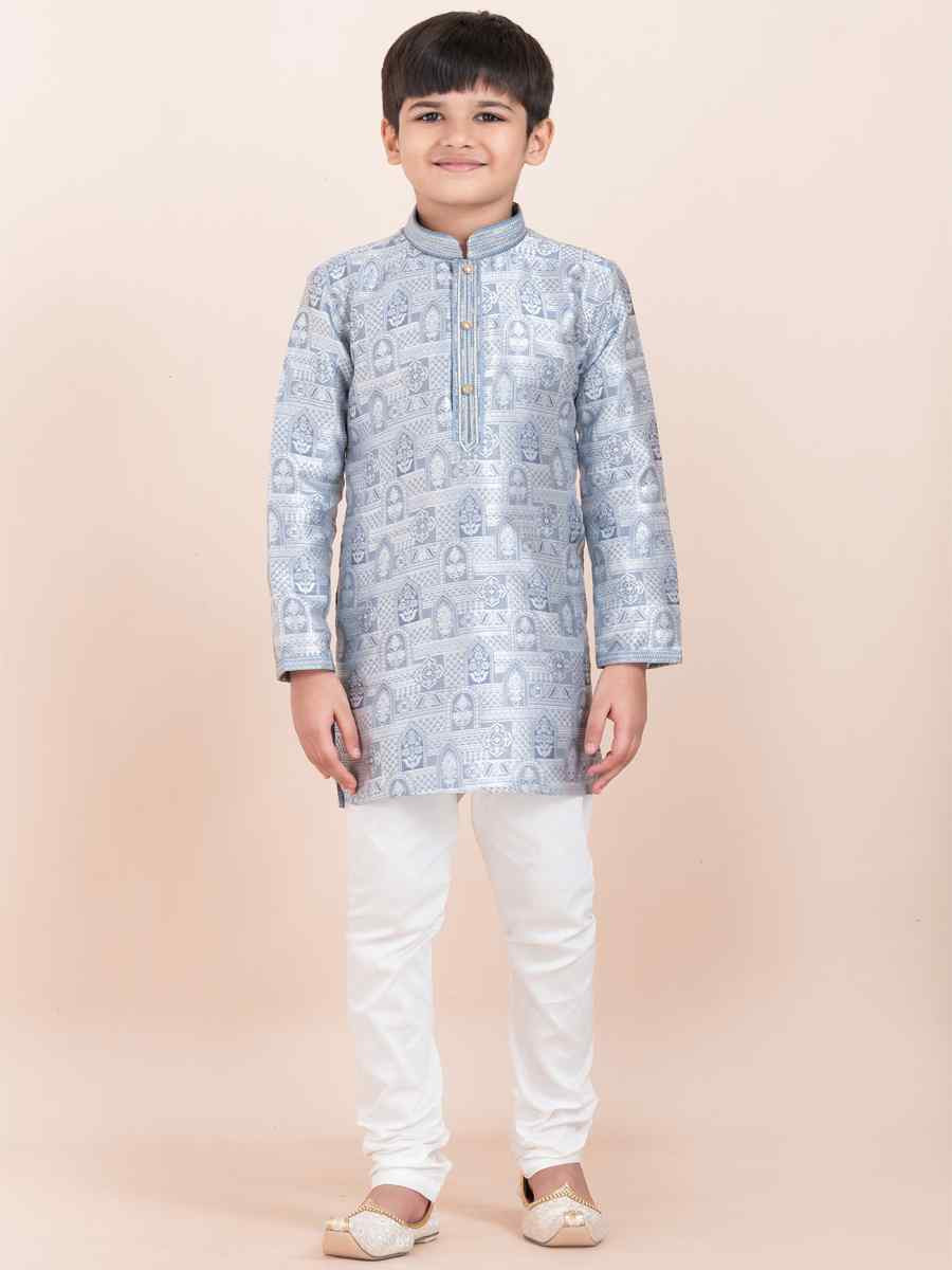 Grey Jacquard Silk Embroidered Festival Traditional Kurta Pyjama Boys Wear
