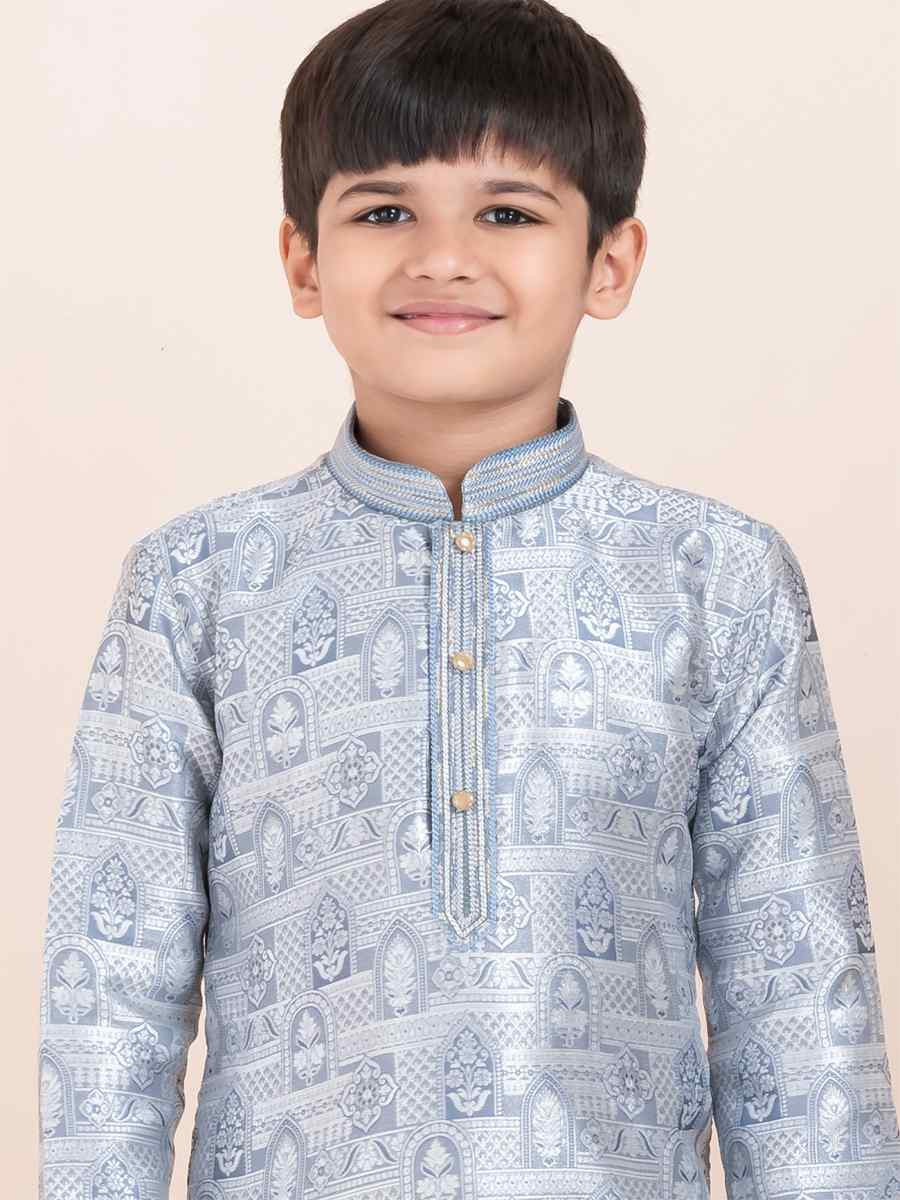 Grey Jacquard Silk Embroidered Festival Traditional Kurta Pyjama Boys Wear