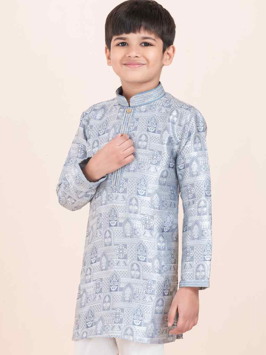 Grey Jacquard Silk Embroidered Festival Traditional Kurta Pyjama Boys Wear