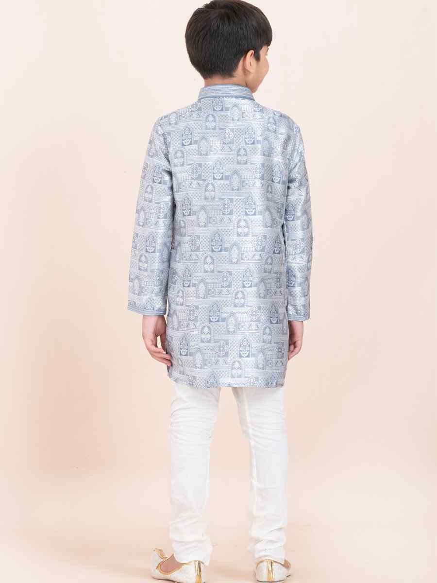 Grey Jacquard Silk Embroidered Festival Traditional Kurta Pyjama Boys Wear