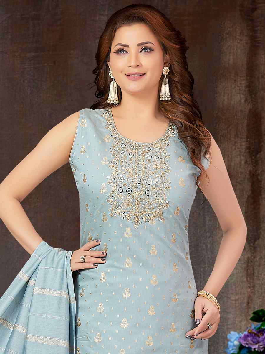 Grey Jacquard Silk Embroidered Festival Wedding Pant Salwar Kameez