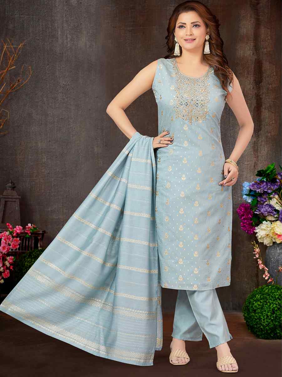 Grey Jacquard Silk Embroidered Festival Wedding Pant Salwar Kameez