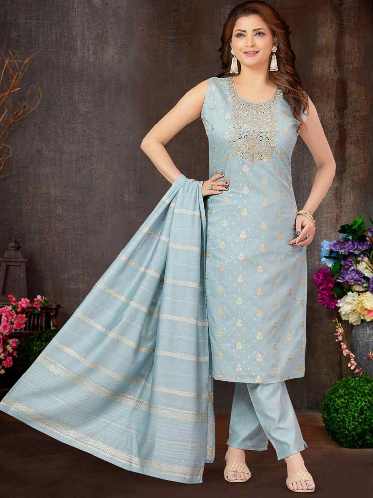 Grey Jacquard Silk Embroidered Festival Wedding Pant Salwar Kameez