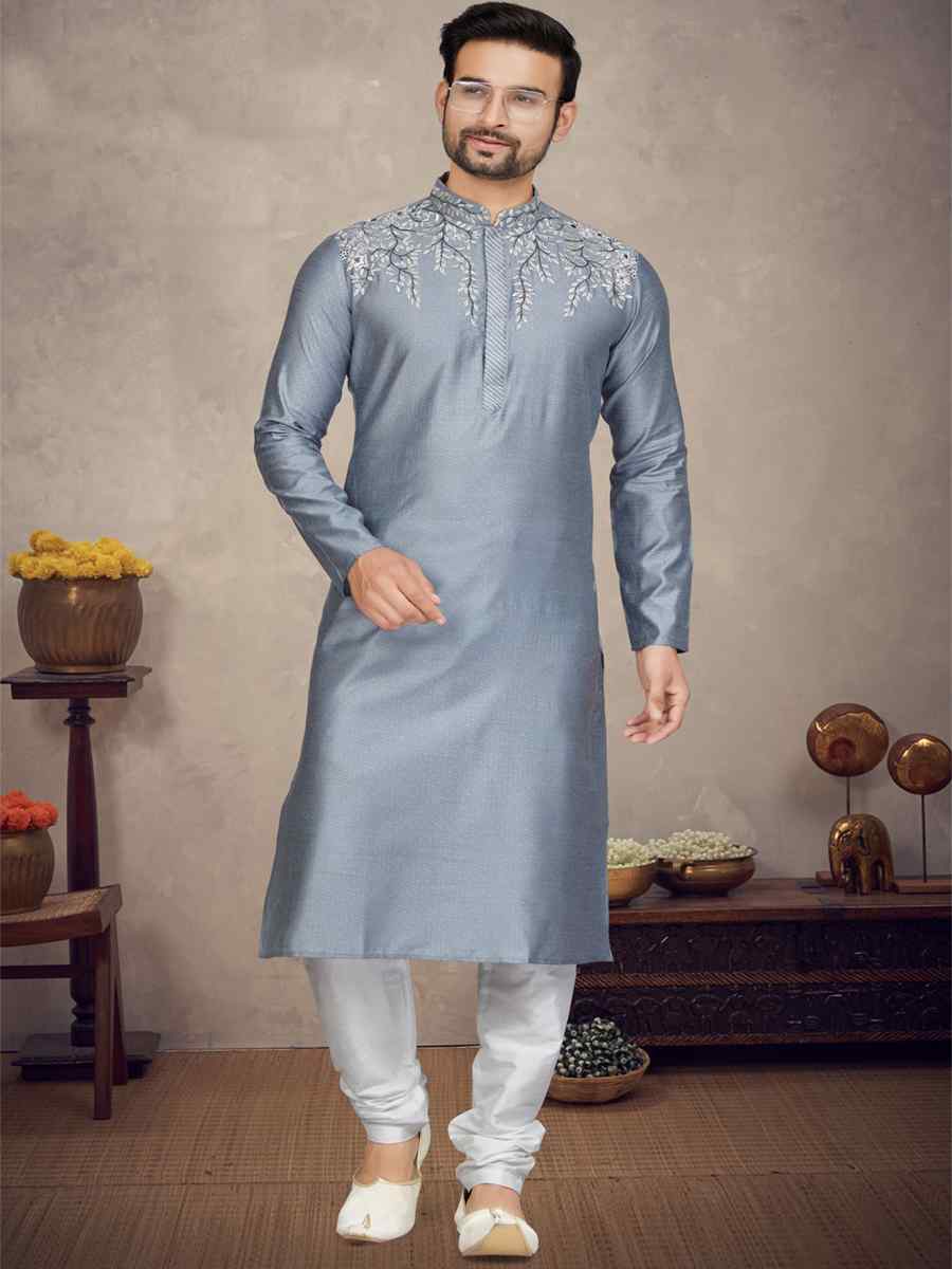 Grey Jacquard Woven Festival Mehendi Kurta