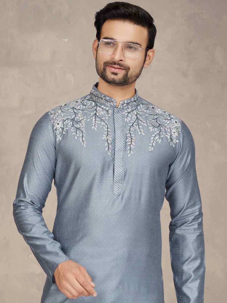Grey Jacquard Woven Festival Mehendi Kurta