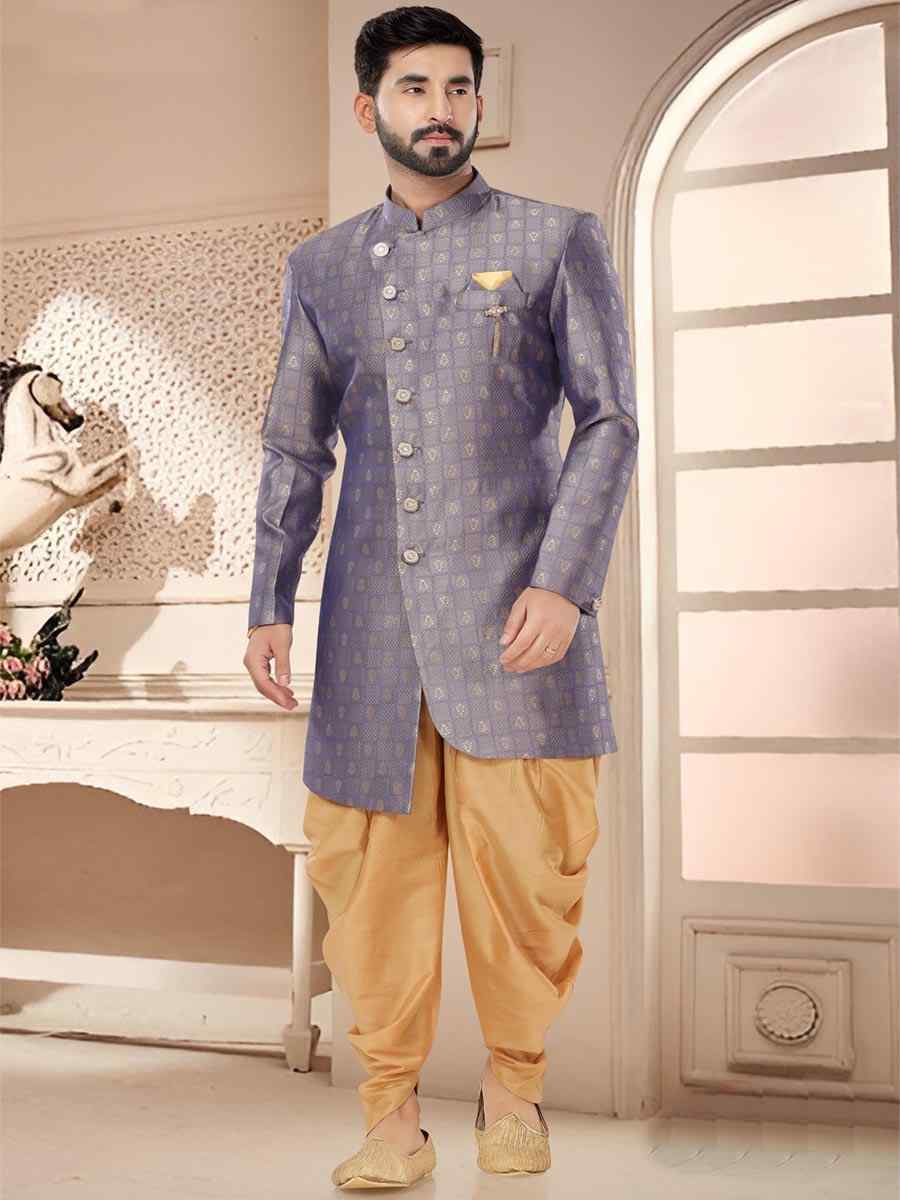 Grey Jacquard Woven Festival Wedding Kurta