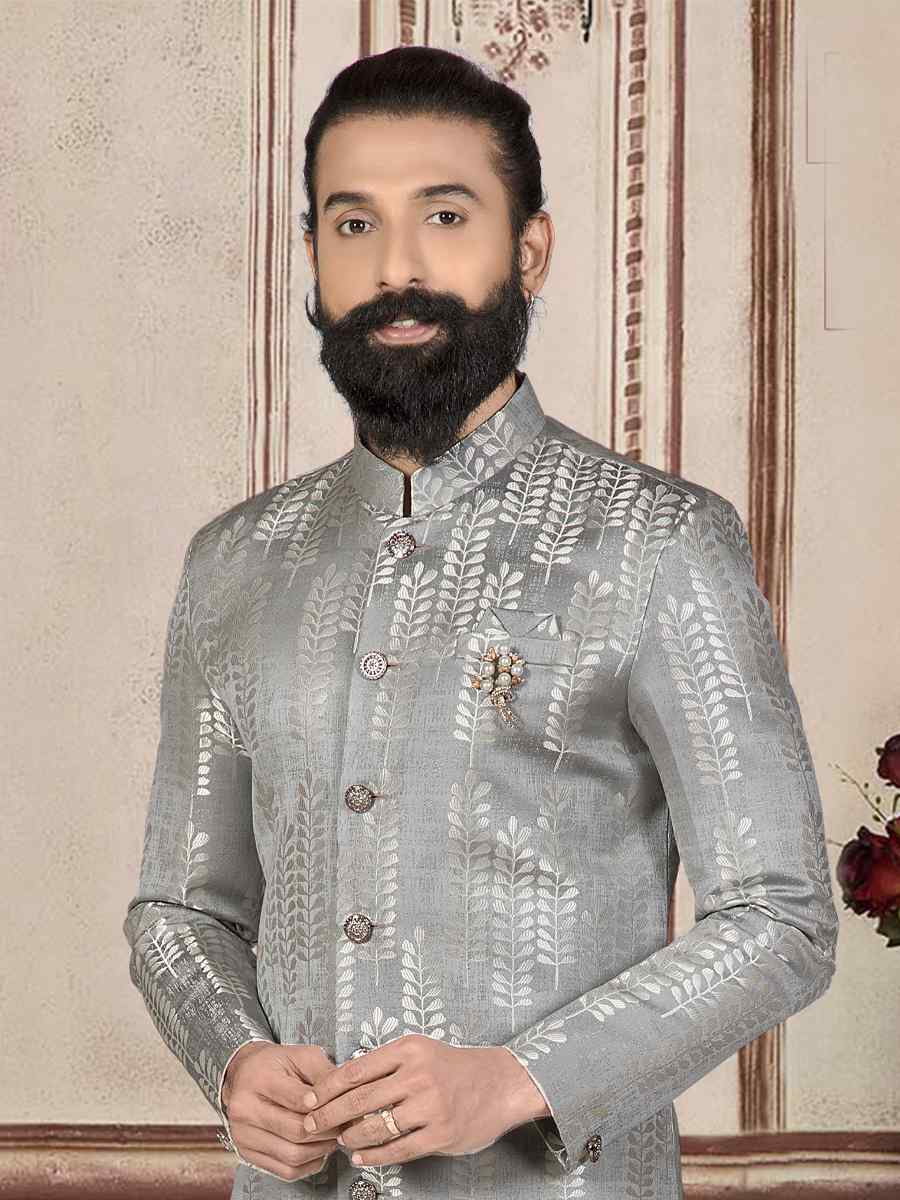 Grey Jacquard Woven Festival Wedding Sherwani Kurta