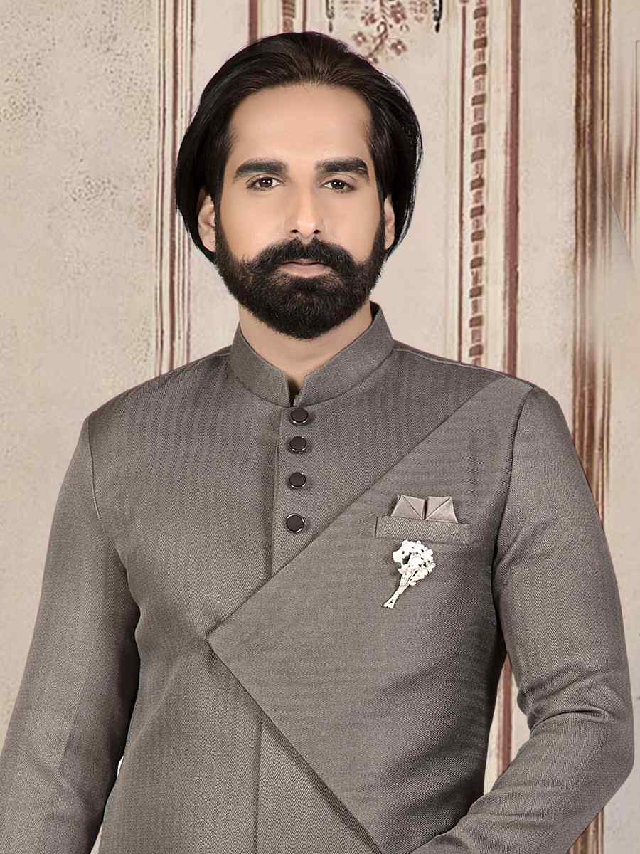 Grey Jacquard Woven Festival Wedding Sherwani Kurta