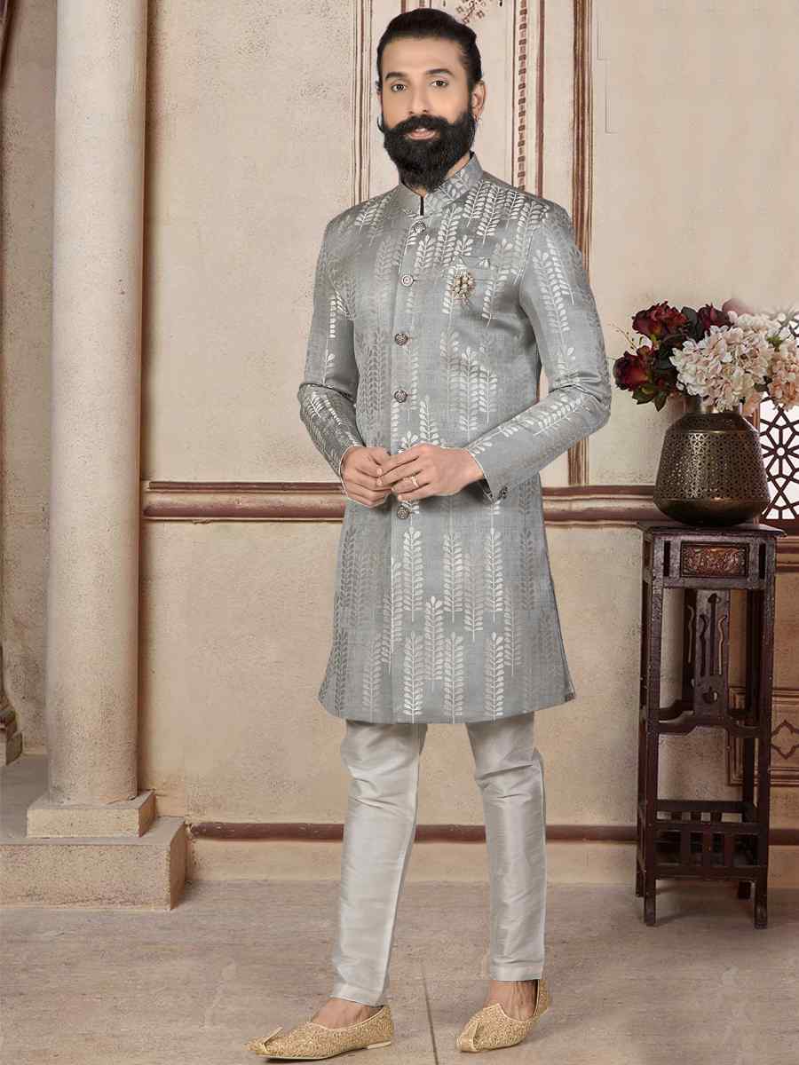 Grey Jacquard Woven Festival Wedding Sherwani Kurta