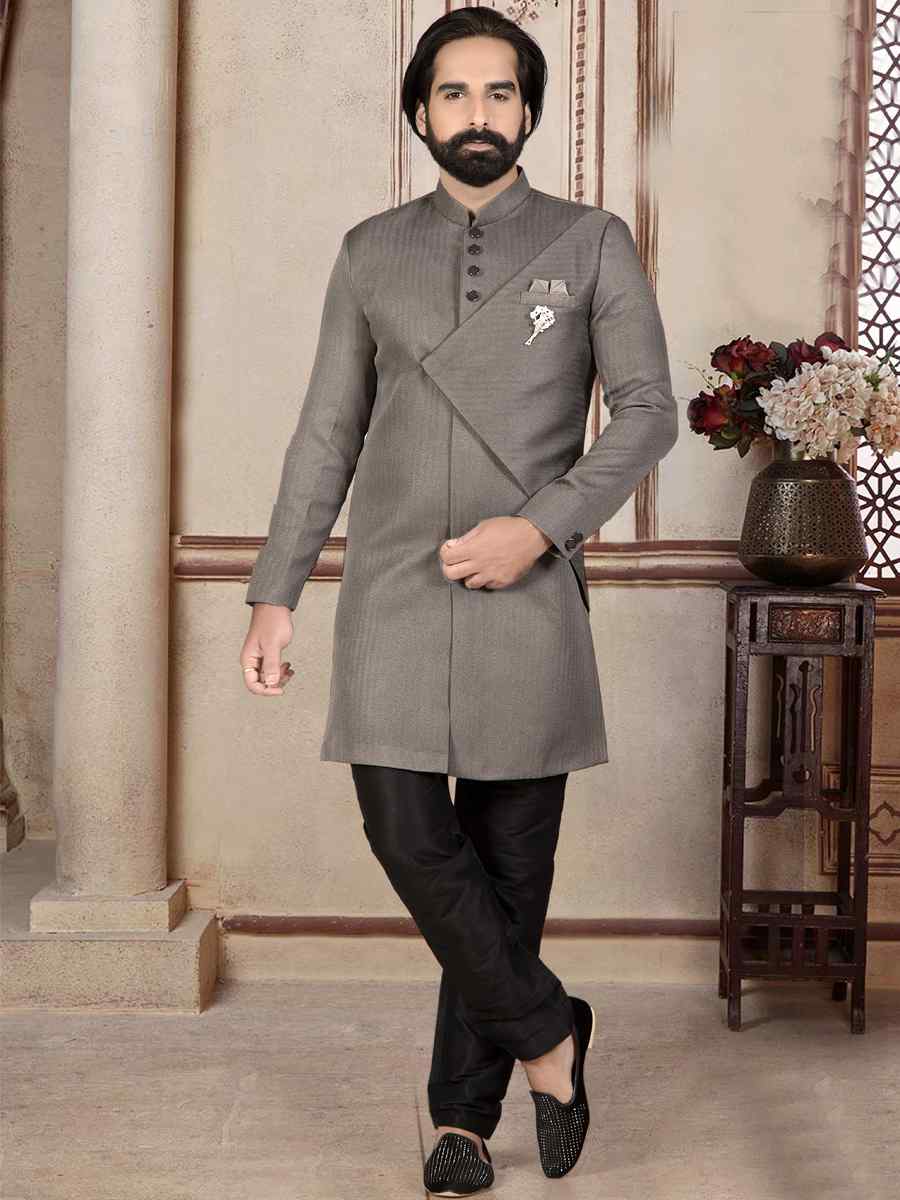 Grey Jacquard Woven Festival Wedding Sherwani Kurta
