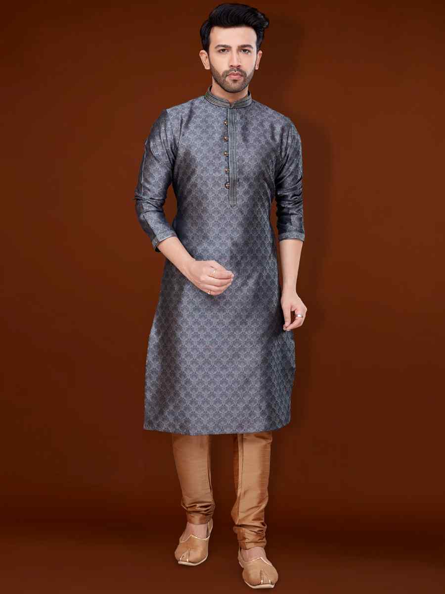 Grey Jacquard Woven Wedding Festival Kurta