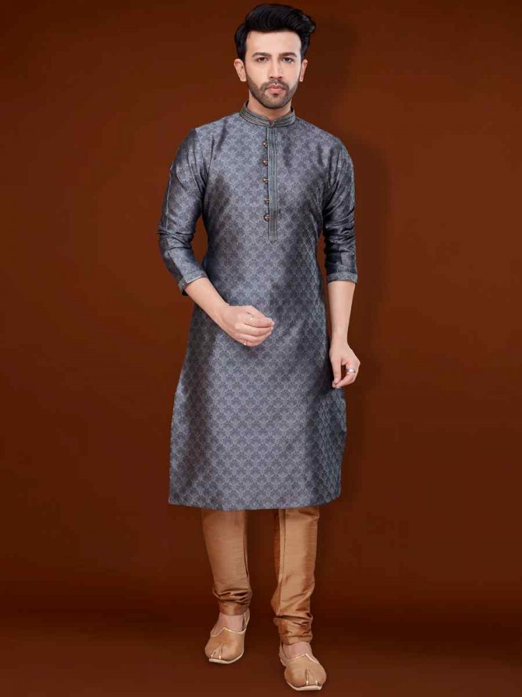 Grey Jacquard Woven Wedding Festival Kurta