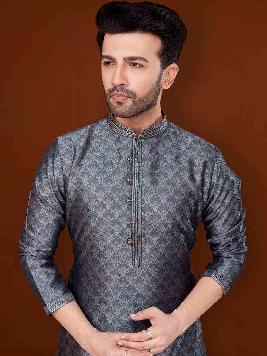 Grey Jacquard Woven Wedding Festival Kurta