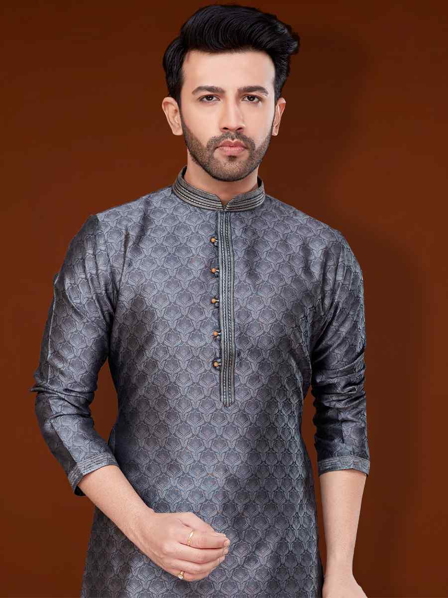 Grey Jacquard Woven Wedding Festival Kurta