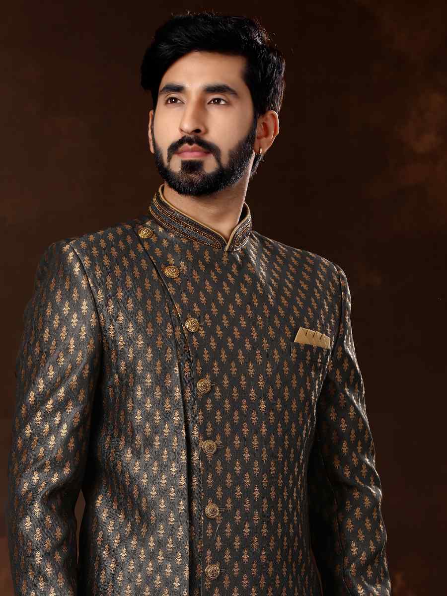Grey Jacquard Woven Wedding Party Sherwani