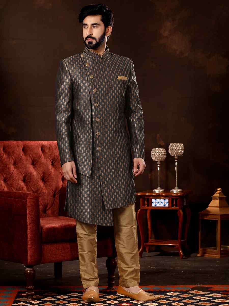 Grey Jacquard Woven Wedding Party Sherwani