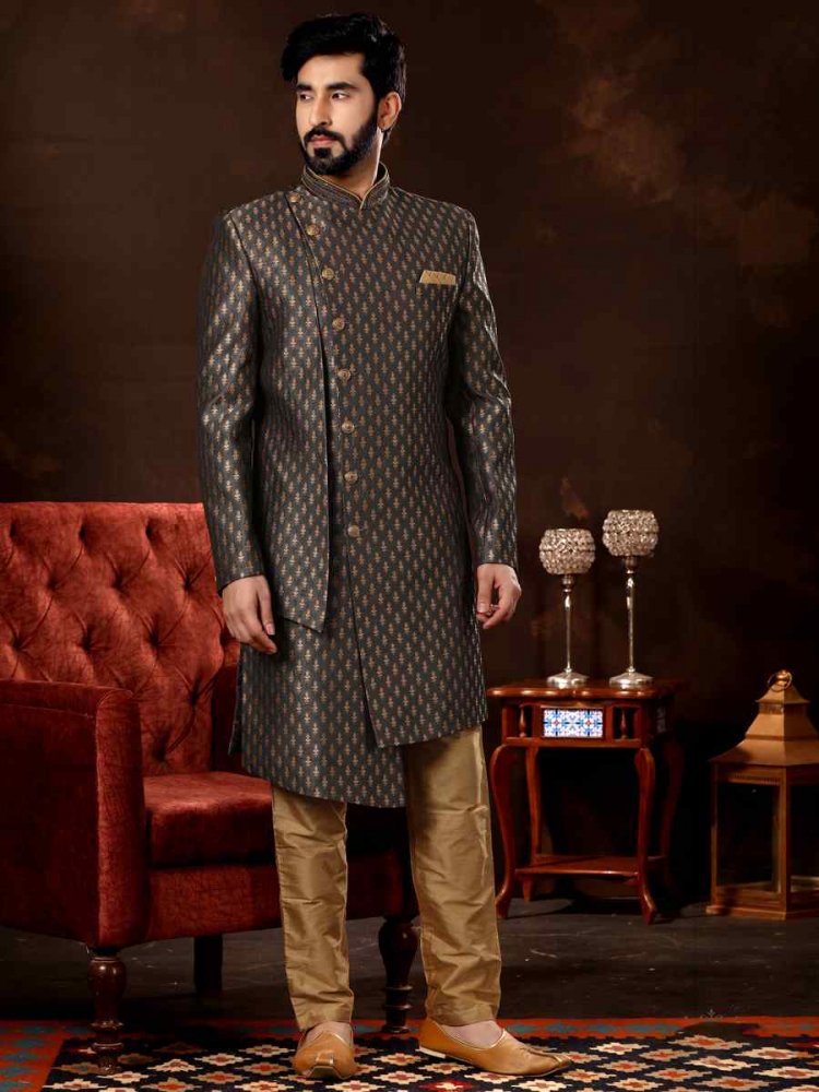 Grey Jacquard Woven Wedding Party Sherwani