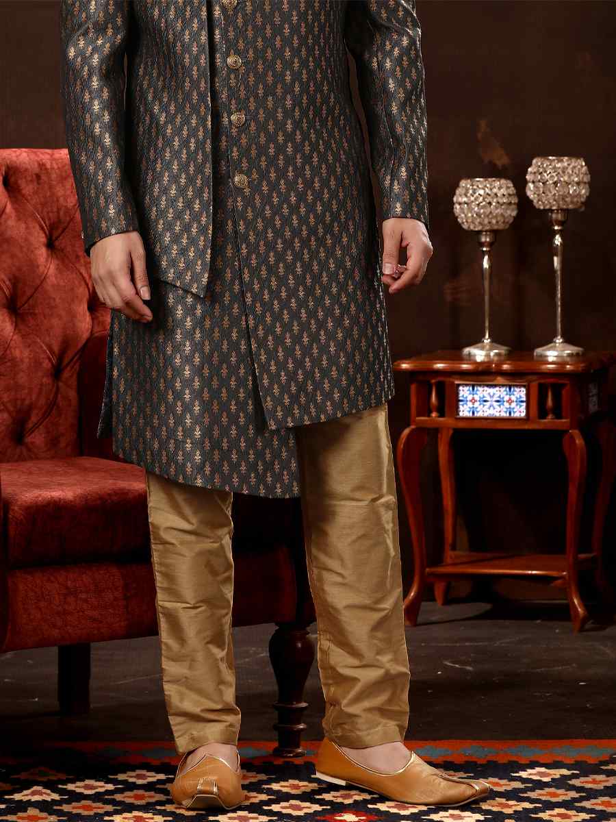 Grey Jacquard Woven Wedding Party Sherwani