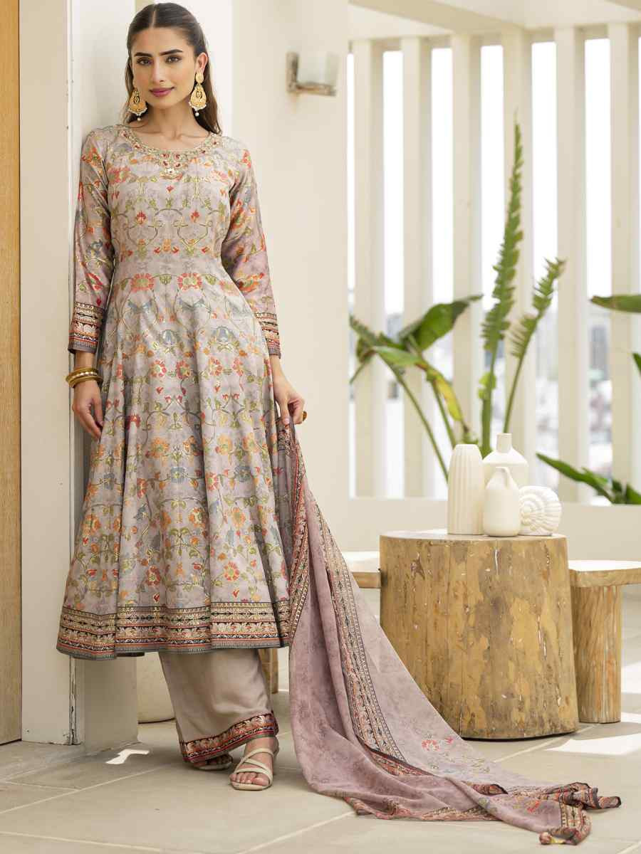 Grey Jam Silk Embroidery Printed Party Wedding Festival Casual Ready Anarkali Palazzo Pant Salwar Kameez