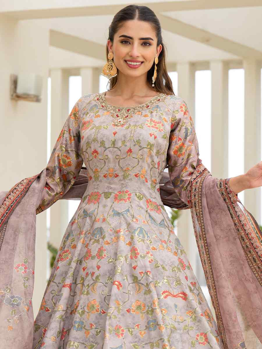Grey Jam Silk Embroidery Printed Party Wedding Festival Casual Ready Anarkali Palazzo Pant Salwar Kameez
