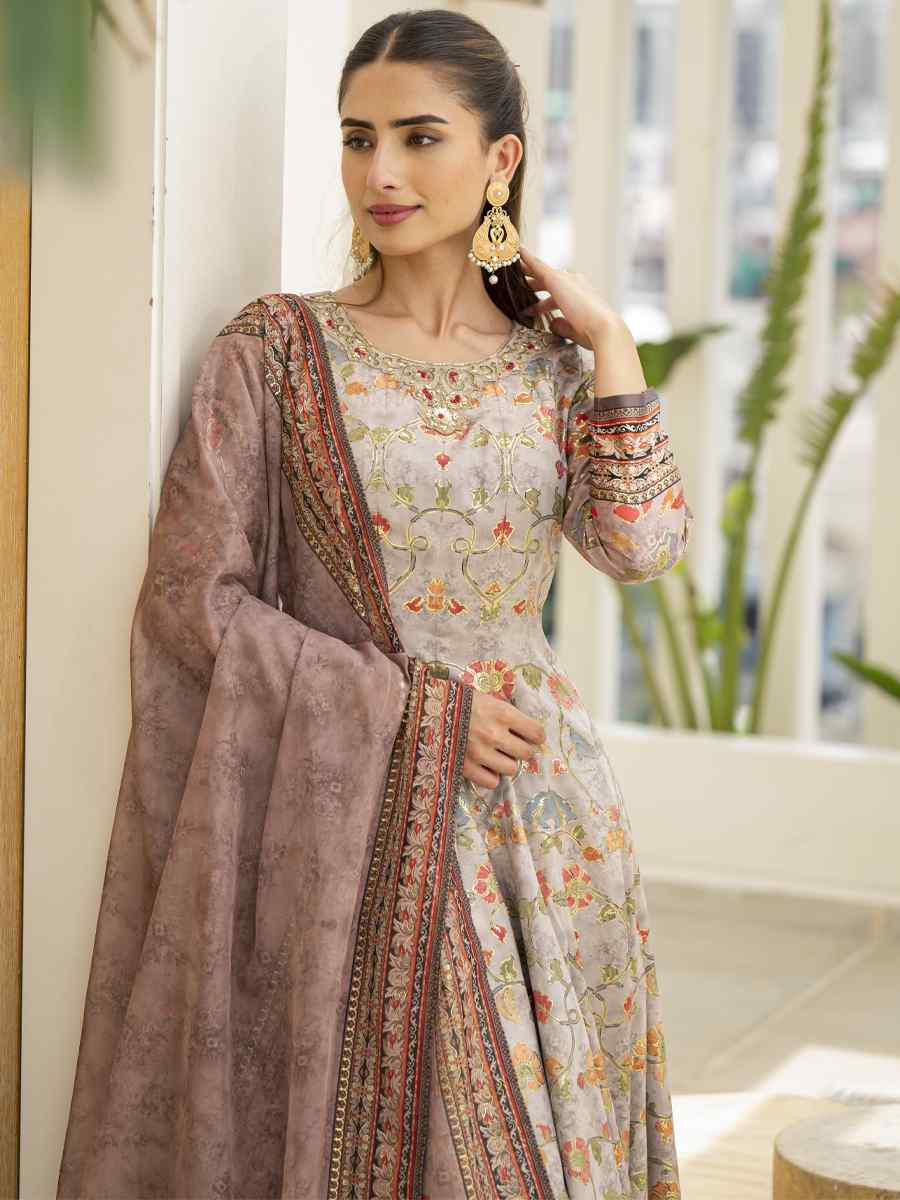 Grey Jam Silk Embroidery Printed Party Wedding Festival Casual Ready Anarkali Palazzo Pant Salwar Kameez