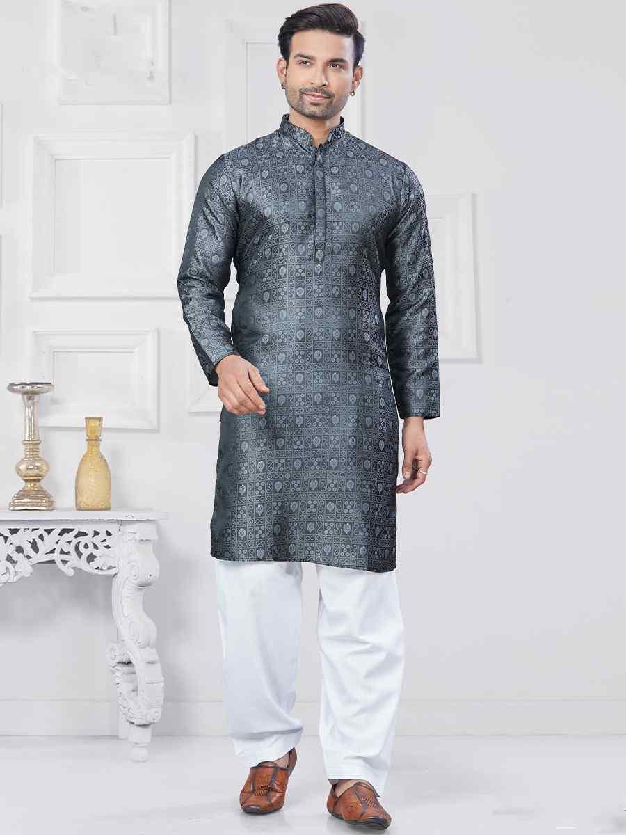 Grey Jecquard Silk With Digital Print Festival Casual Kurta