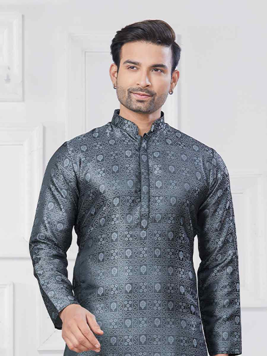 Grey Jecquard Silk With Digital Print Festival Casual Kurta