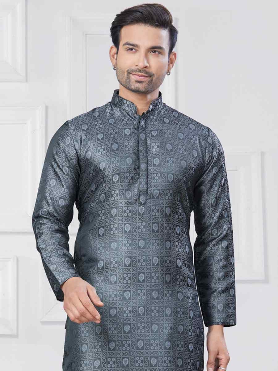 Grey Jecquard Silk With Digital Print Festival Casual Kurta