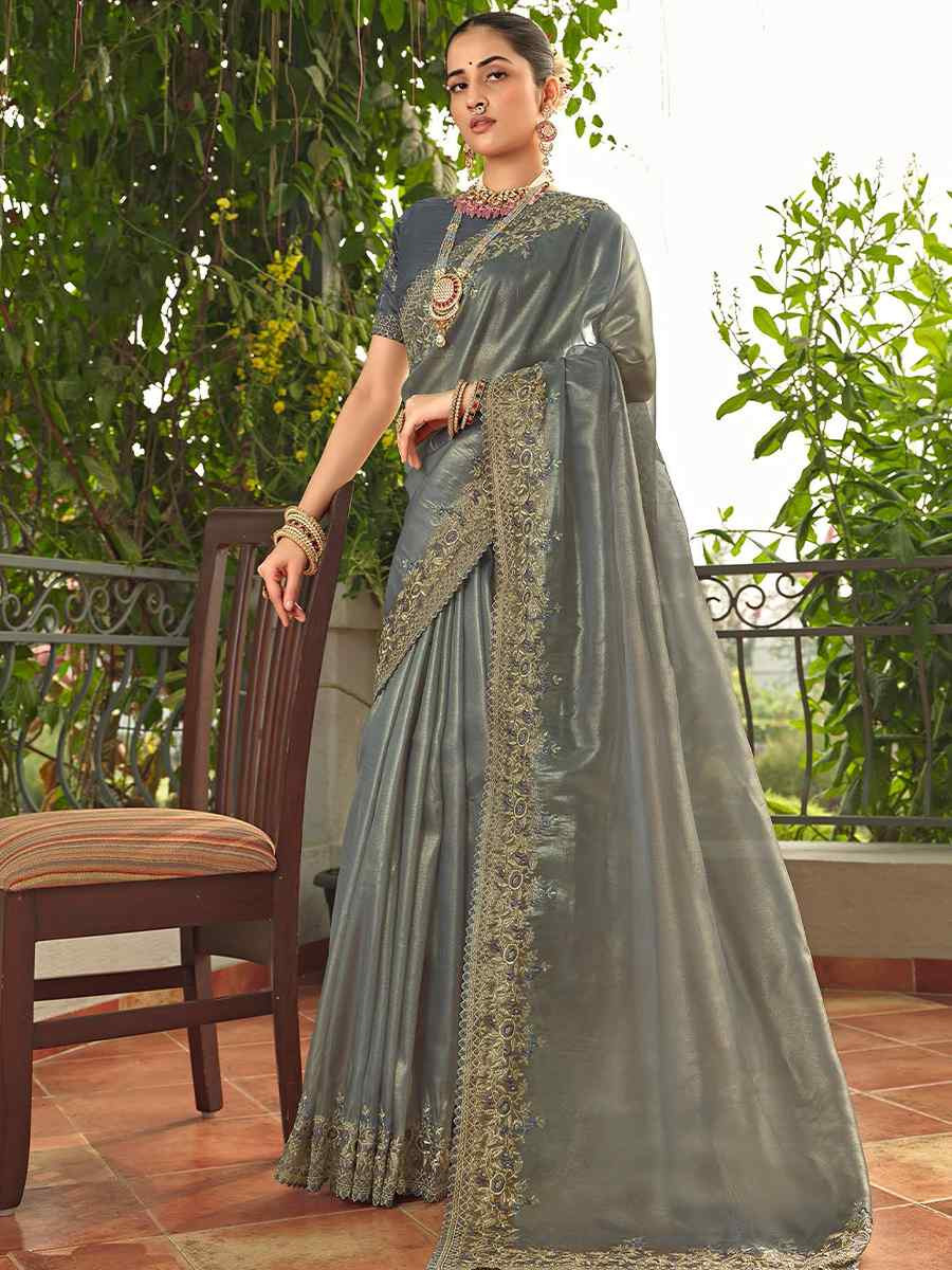 Grey Jimmy Choo Embroidered Festival Wedding Fancy Heavy Border Saree