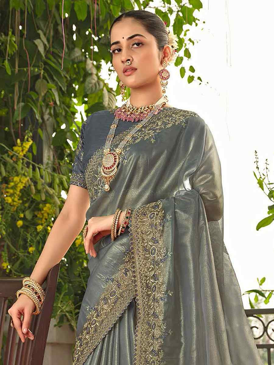 Grey Jimmy Choo Embroidered Festival Wedding Fancy Heavy Border Saree