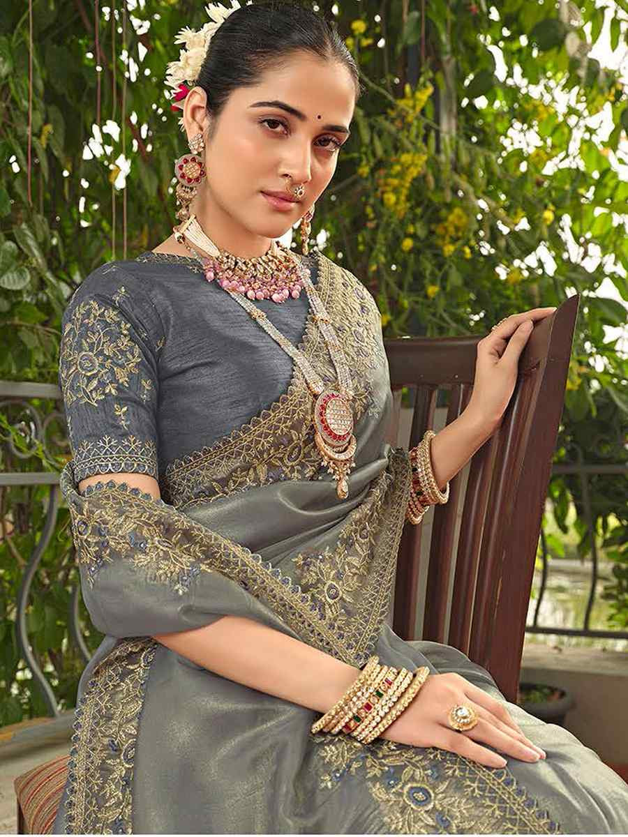 Grey Jimmy Choo Embroidered Festival Wedding Fancy Heavy Border Saree