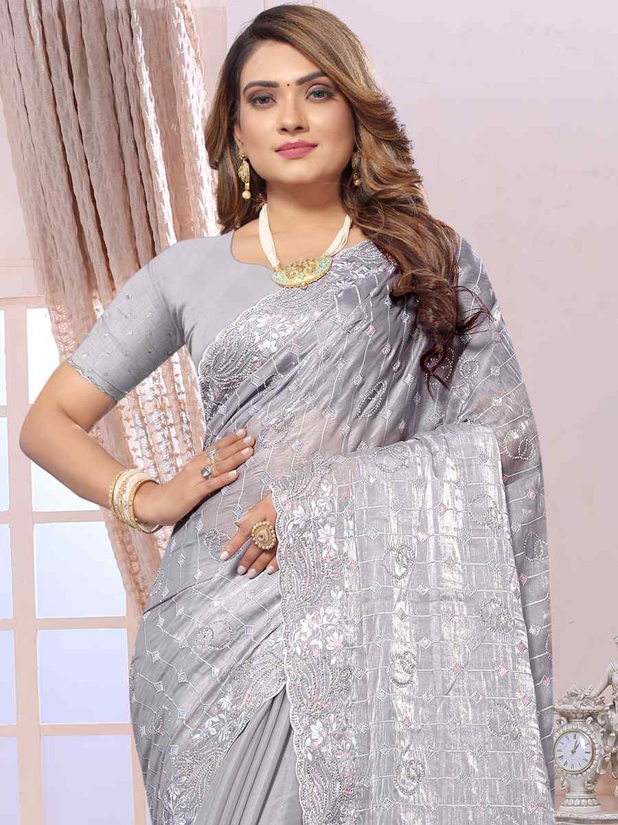 Grey Jimmy Choo Silk Embroidery Party Reception Heavy Border Saree