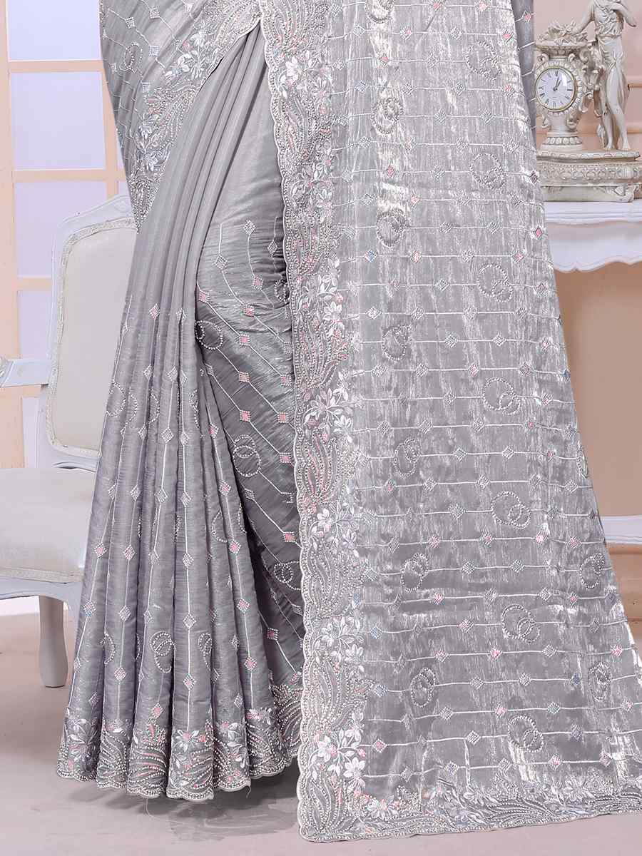 Grey Jimmy Choo Silk Embroidery Party Reception Heavy Border Saree