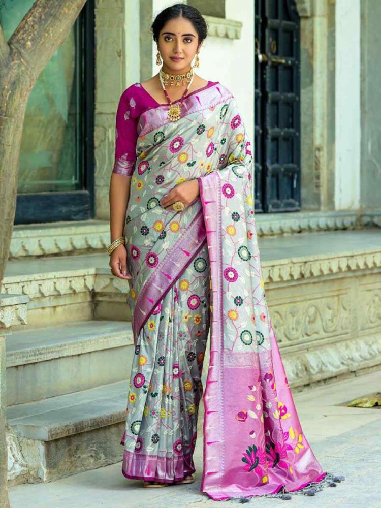 Grey Kanjivaram Silk Handwoven Wedding Festival Heavy Border Saree