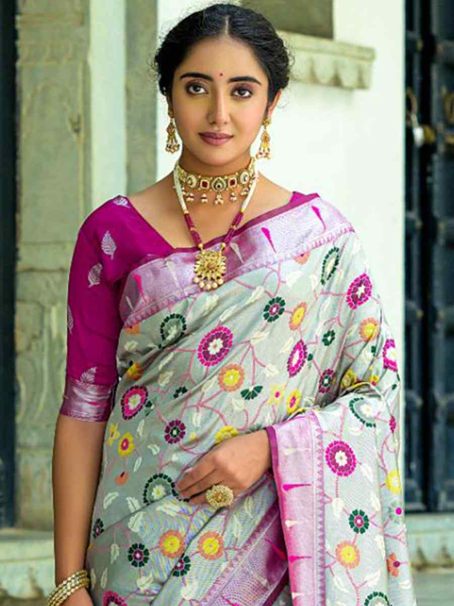Grey Kanjivaram Silk Handwoven Wedding Festival Heavy Border Saree