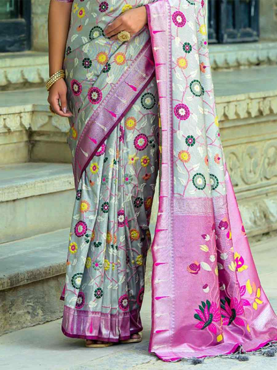 Grey Kanjivaram Silk Handwoven Wedding Festival Heavy Border Saree
